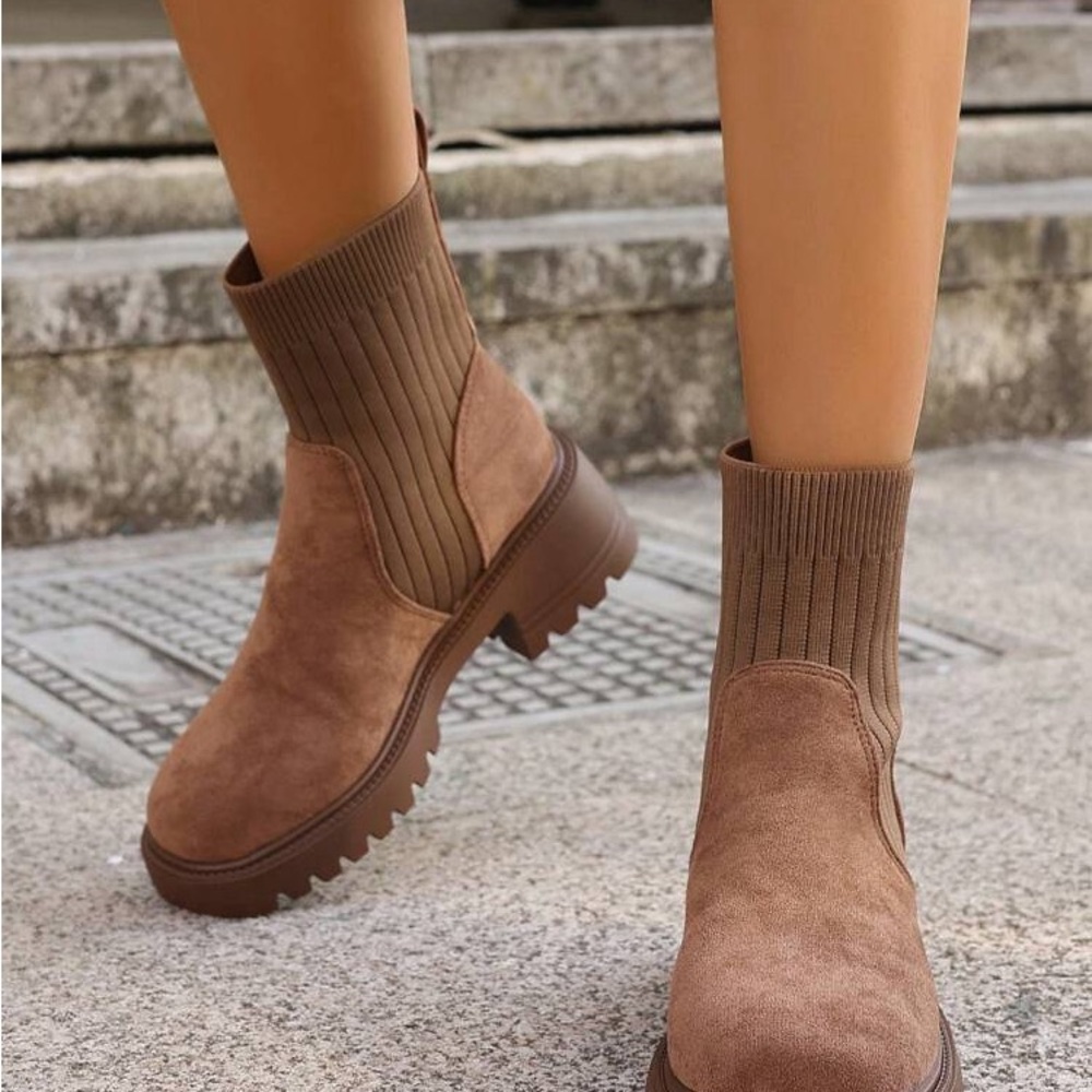 SHEIN Tan Suede Sock-Style Lug Sole Chelsea Booties